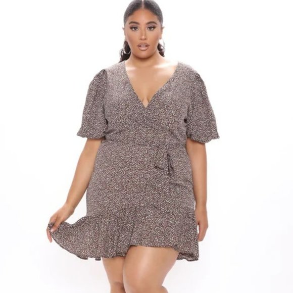 NWT Fashion Nova Dottie Printed Mini Dress - Brown/White combo, Size: 1X - Picture 3 of 10